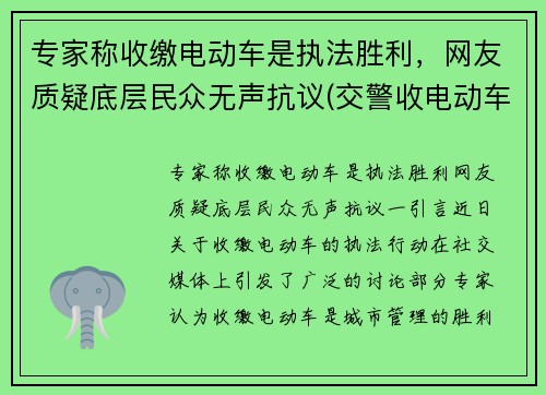 专家称收缴电动车是执法胜利，网友质疑底层民众无声抗议(交警收电动车怎么罚款)