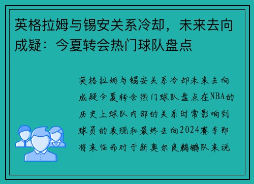 英格拉姆与锡安关系冷却，未来去向成疑：今夏转会热门球队盘点