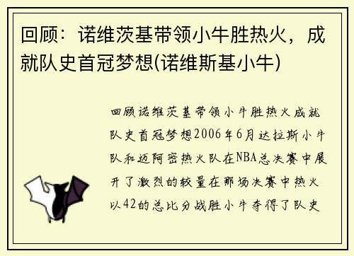 回顾：诺维茨基带领小牛胜热火，成就队史首冠梦想(诺维斯基小牛)