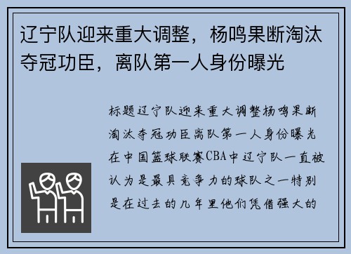 辽宁队迎来重大调整，杨鸣果断淘汰夺冠功臣，离队第一人身份曝光