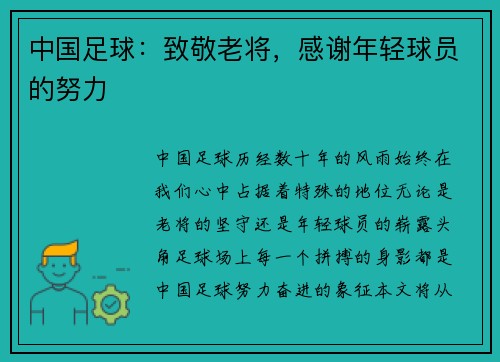 中国足球：致敬老将，感谢年轻球员的努力