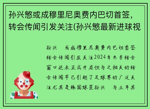 孙兴慜或成穆里尼奥费内巴切首签，转会传闻引发关注(孙兴慜最新进球视频)